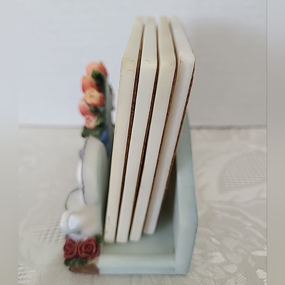 A.Richesco Co. Handpainted Set of 4 Square Coaster and Holder Vintage - Picture 3 of 12